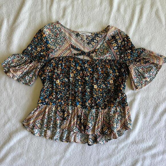 BCBGeneration Boho Flower Print Ruffle Blouse Size XS - Picture 7 of 8